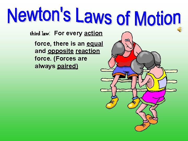 third law: For every action force, there is an equal and opposite reaction force.