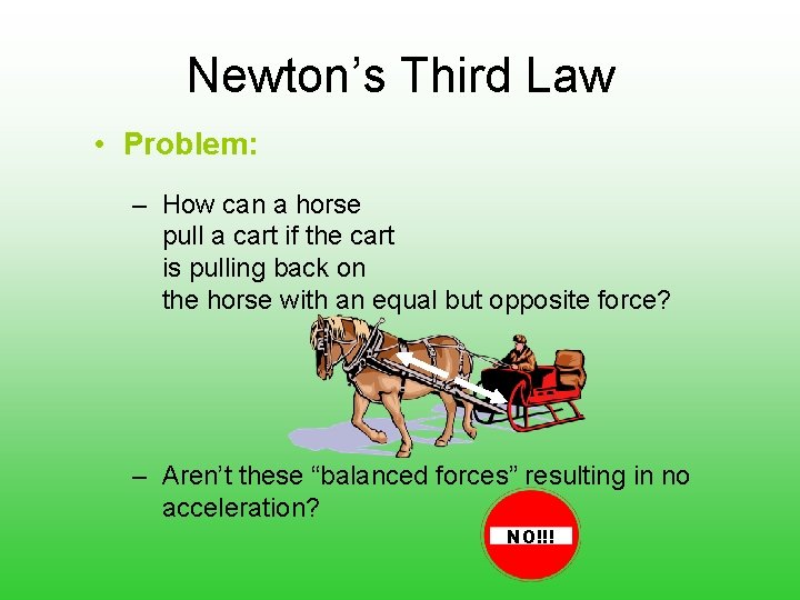 Newton’s Third Law • Problem: – How can a horse pull a cart if