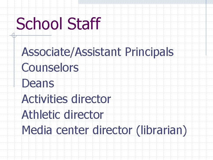 School Staff Associate/Assistant Principals Counselors Deans Activities director Athletic director Media center director (librarian)