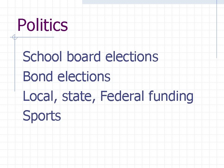 Politics School board elections Bond elections Local, state, Federal funding Sports 