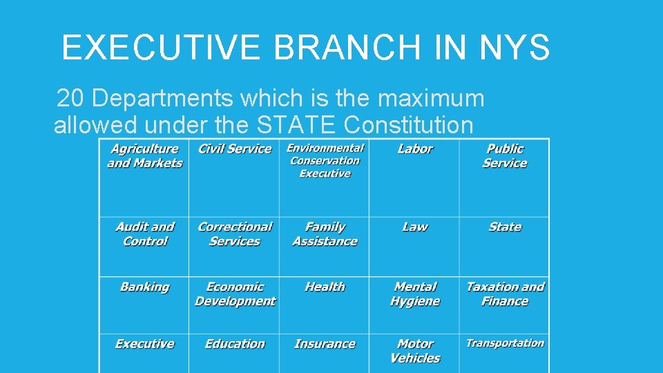 EXECUTIVE BRANCH IN NYS • 20 Departments which is the maximum allowed under the