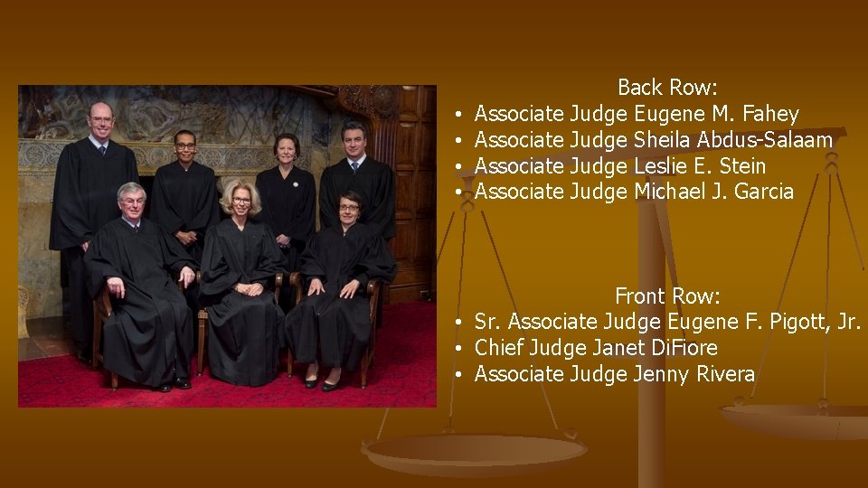  • • Associate Back Row: Judge Eugene M. Fahey Judge Sheila Abdus-Salaam Judge