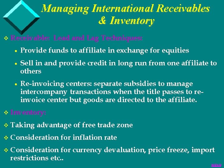 Managing International Receivables & Inventory v Receivable: Lead and Lag Techniques: · Provide funds Managing International Receivables & Inventory v Receivable: Lead and Lag Techniques: · Provide funds