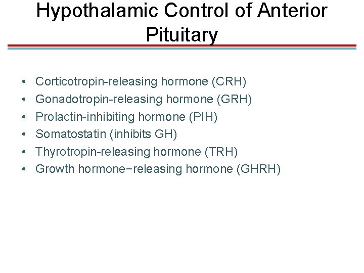 Hypothalamic Control of Anterior Pituitary • • • Corticotropin-releasing hormone (CRH) Gonadotropin-releasing hormone (GRH)