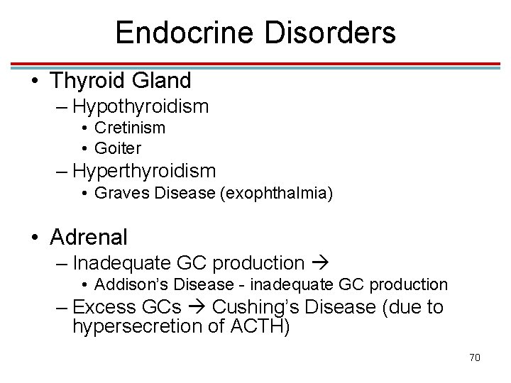 Endocrine Disorders • Thyroid Gland – Hypothyroidism • Cretinism • Goiter – Hyperthyroidism •