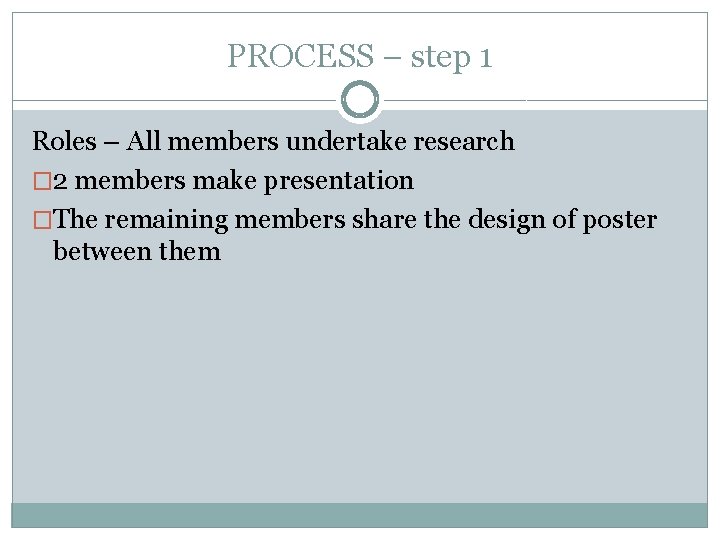 PROCESS – step 1 Roles – All members undertake research � 2 members make
