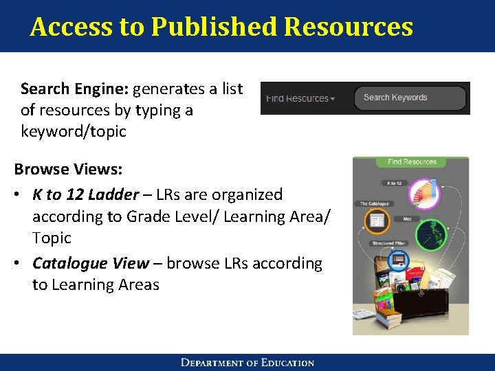 Access to Published Resources Search Engine: generates a list of resources by typing a