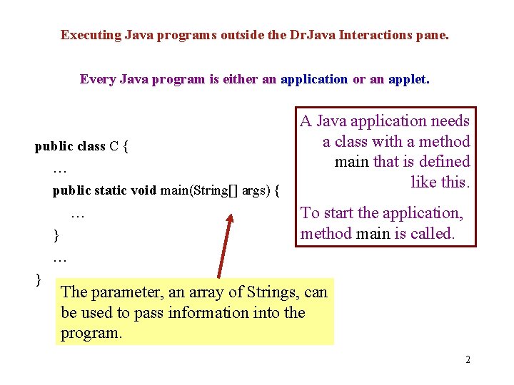Executing Java programs outside the Dr. Java Interactions pane. Every Java program is either
