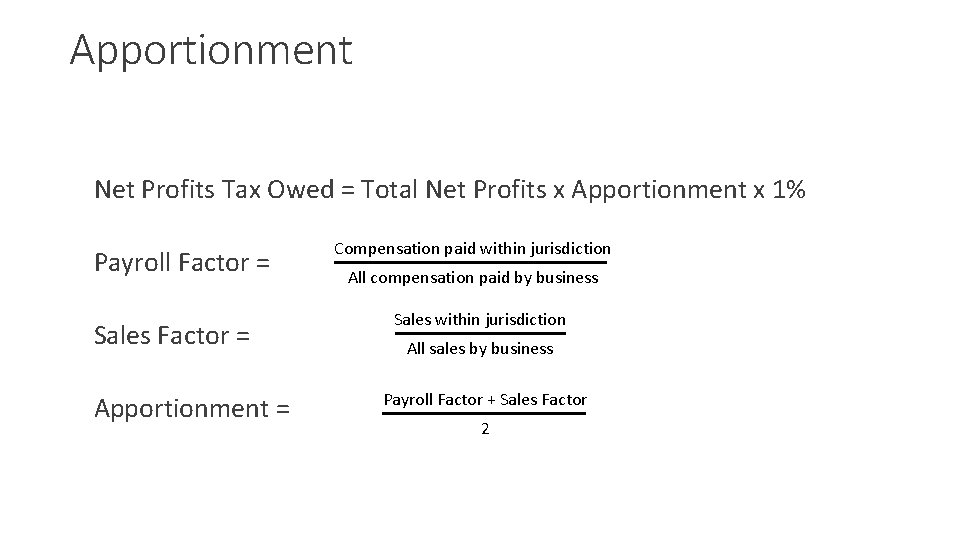 Apportionment Net Profits Tax Owed = Total Net Profits x Apportionment x 1% Payroll
