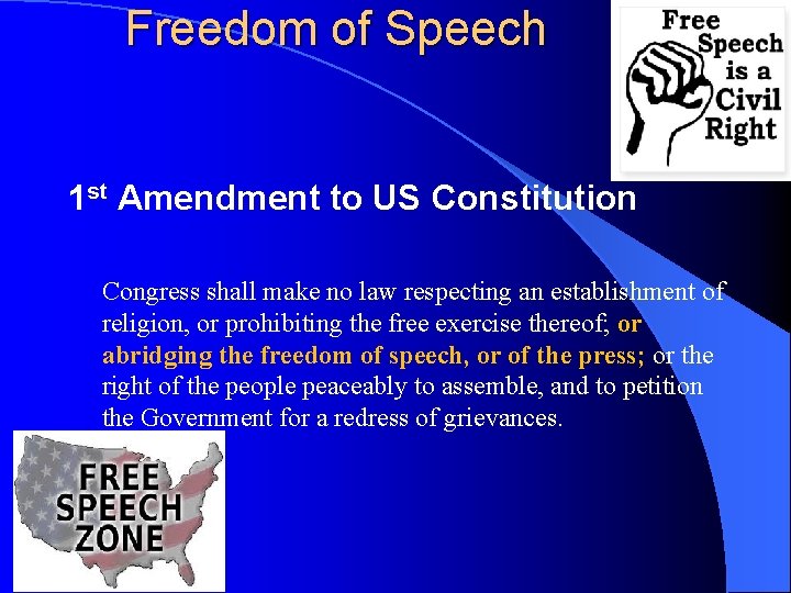 Freedom of Speech 1 st Amendment to US Constitution Congress shall make no law
