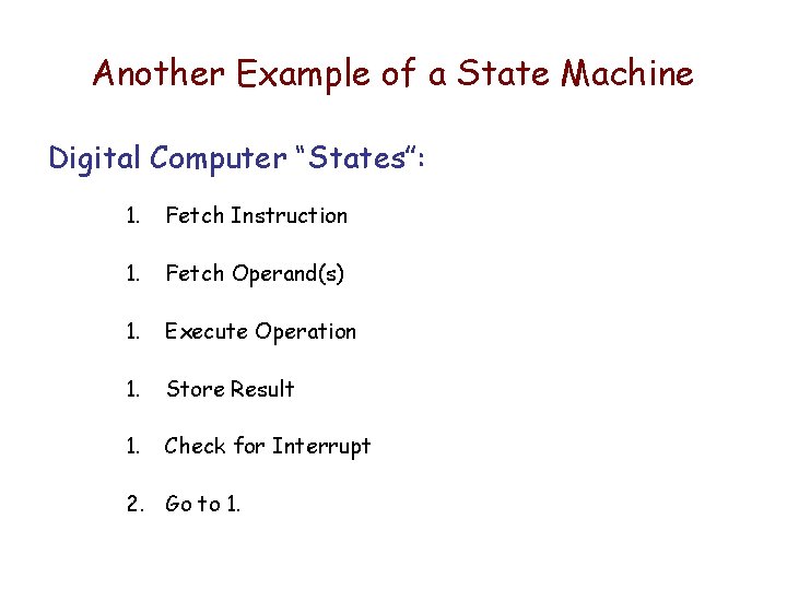 Another Example of a State Machine Digital Computer “States”: 1. Fetch Instruction 1. Fetch