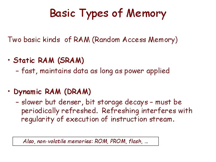 Basic Types of Memory Two basic kinds of RAM (Random Access Memory) • Static