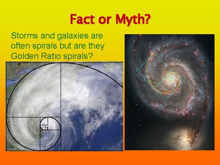 Fact or Myth? Storms and galaxies are often spirals but are they Golden Ratio