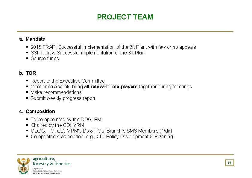 PROJECT TEAM a. Mandate ▪ ▪ ▪ 2015 FRAP: Successful implementation of the 3