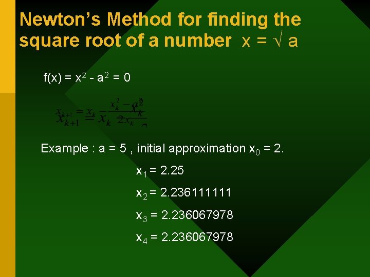 Newton’s Method for finding the square root of a number x = a f(x)