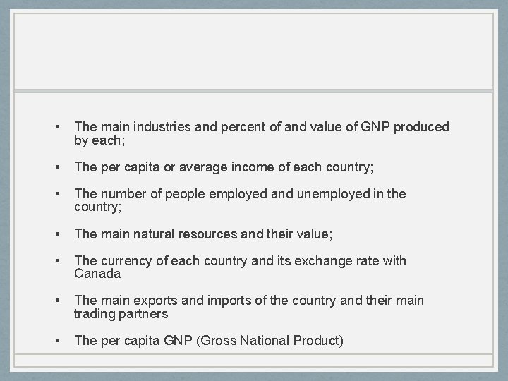  • The main industries and percent of and value of GNP produced by