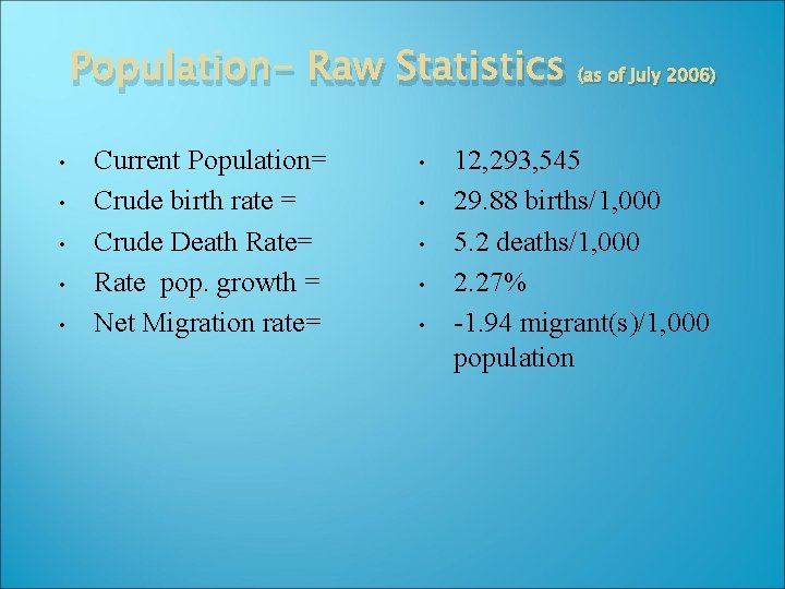 Population- Raw Statistics (as of July 2006) • • • Current Population= Crude birth