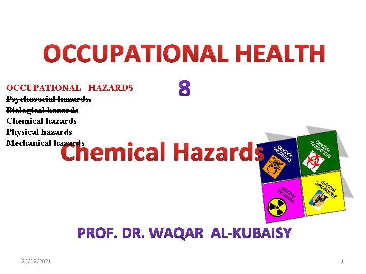 OCCUPATIONAL HEALTH OCCUPATIONAL HAZARDS Psychosocial hazards. Biological hazards Chemical hazards Physical hazards Mechanical hazards