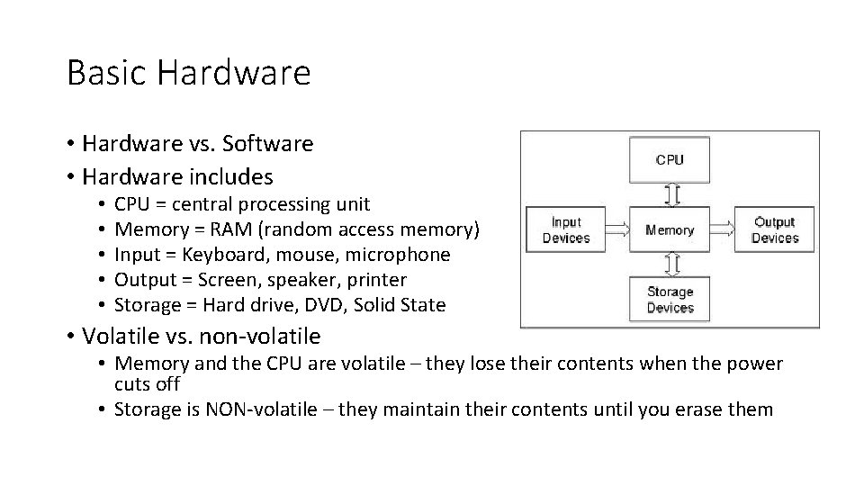 Basic Hardware • Hardware vs. Software • Hardware includes • • • CPU =