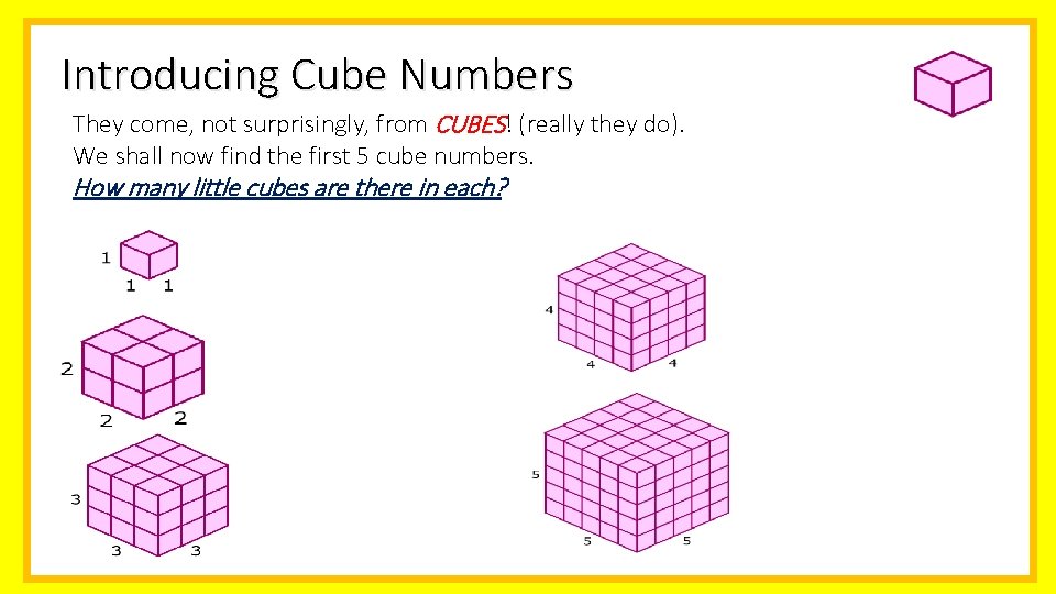 Introducing Cube Numbers They come, not surprisingly, from CUBES! (really they do). We shall