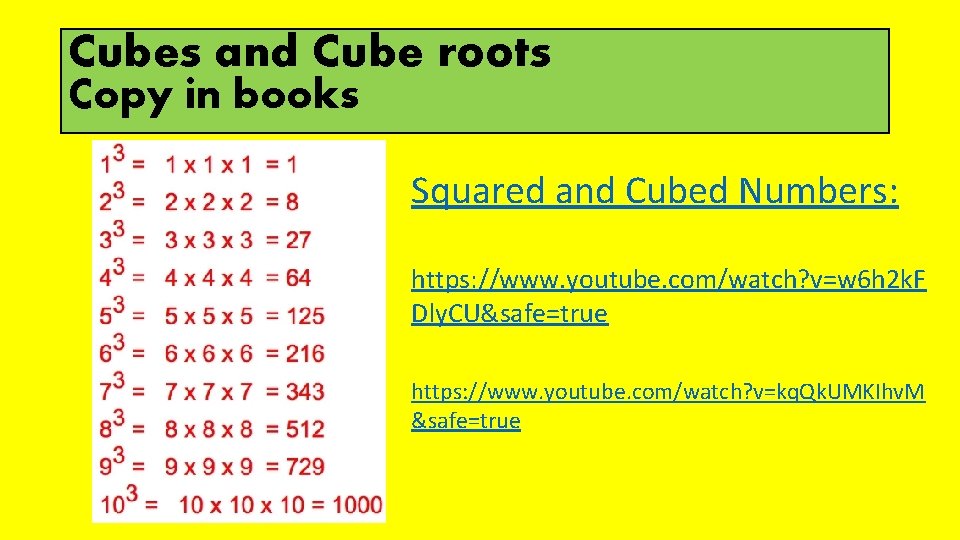 Cubes and Cube roots Copy in books Squared and Cubed Numbers: https: //www. youtube.