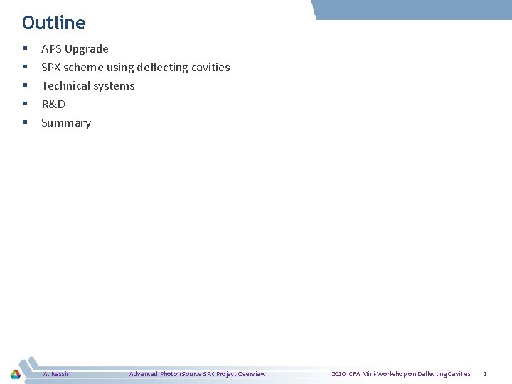 Outline § § § APS Upgrade SPX scheme using deflecting cavities Technical systems R&D