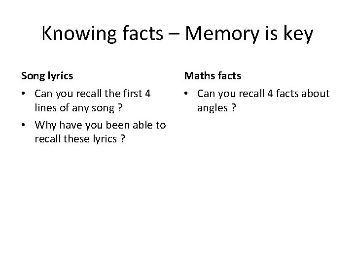 Knowing facts – Memory is key Song lyrics Maths facts • Can you recall