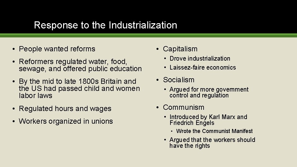 Response to the Industrialization • People wanted reforms • Reformers regulated water, food, sewage,