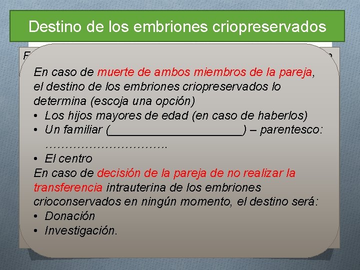 Destino de los embriones criopreservados Falta de acuerdo entre los miembros de la pareja: