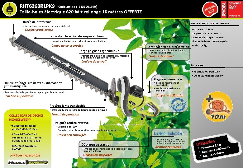 RHT 6260 RLPK 9 (Code article : 5133001869) Taille-haies électrique 620 W + rallonge