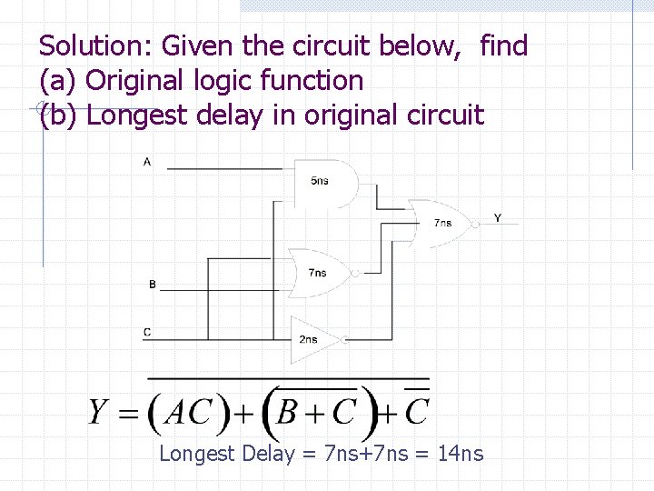 Solution: Given the circuit below, find (a) Original logic function (b) Longest delay in