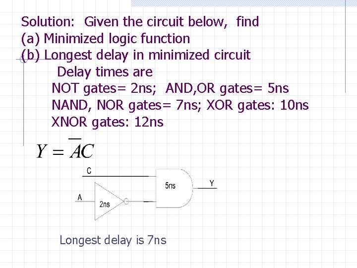 Solution: Given the circuit below, find (a) Minimized logic function (b) Longest delay in