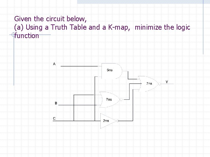 Given the circuit below, (a) Using a Truth Table and a K-map, minimize the