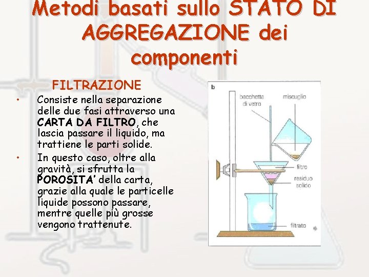 Metodi basati sullo STATO DI AGGREGAZIONE dei componenti • • FILTRAZIONE Consiste nella separazione