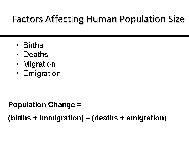 Factors Affecting Human Population Size • • Births Deaths Migration Emigration Population Change =