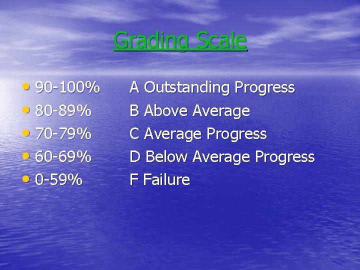 Grading Scale • 90 -100% • 80 -89% • 70 -79% • 60 -69%