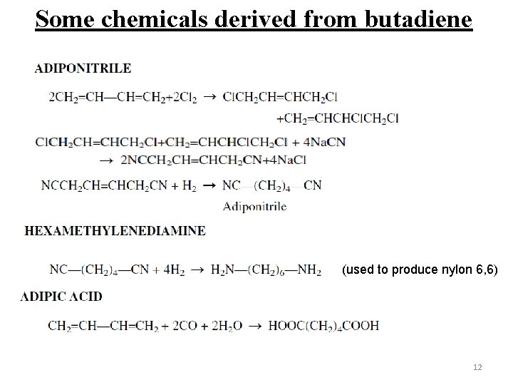 Some chemicals derived from butadiene (used to produce nylon 6, 6) 12 