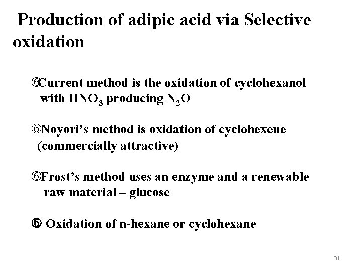 Production of adipic acid via Selective oxidation Current method is the oxidation of cyclohexanol