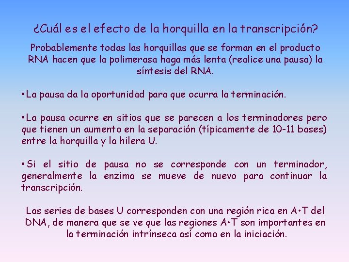 ¿Cuál es el efecto de la horquilla en la transcripción? Probablemente todas las horquillas ¿Cuál es el efecto de la horquilla en la transcripción? Probablemente todas las horquillas