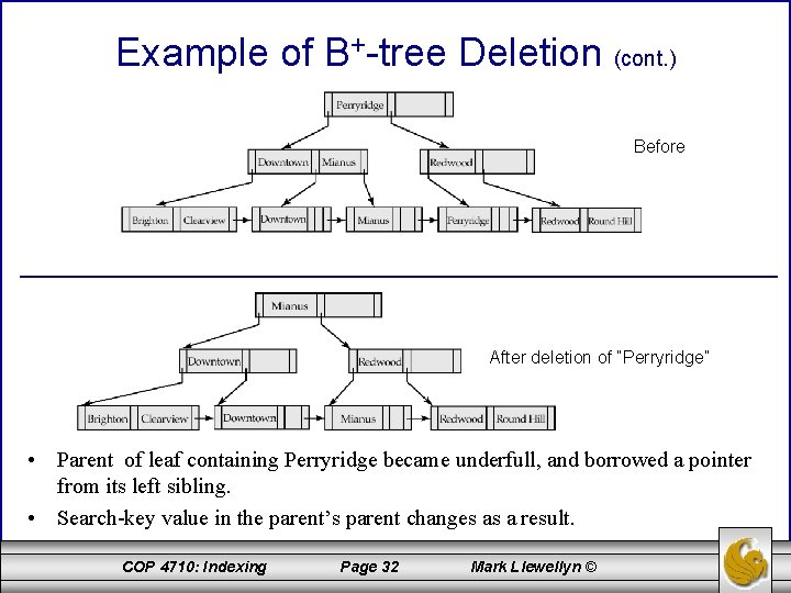 Example of B+-tree Deletion (cont. ) Before After deletion of “Perryridge” • Parent of