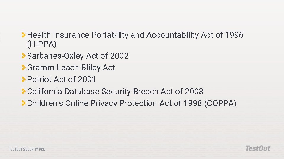 Health Insurance Portability and Accountability Act of 1996 (HIPPA) Sarbanes-Oxley Act of 2002 Gramm-Leach-Bliley