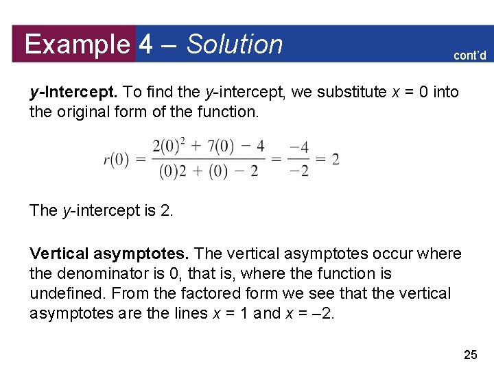 Example 4 – Solution cont’d y-Intercept. To find the y-intercept, we substitute x =
