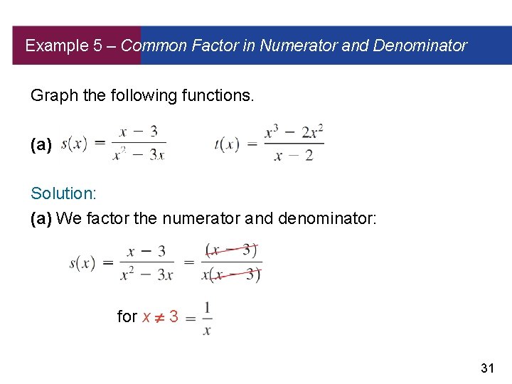Example 5 – Common Factor in Numerator and Denominator Graph the following functions. (a)