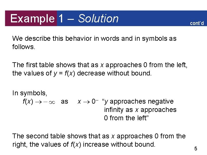 Example 1 – Solution cont’d We describe this behavior in words and in symbols