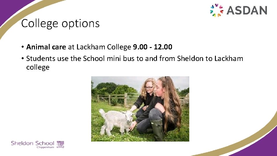 College options • Animal care at Lackham College 9. 00 - 12. 00 •