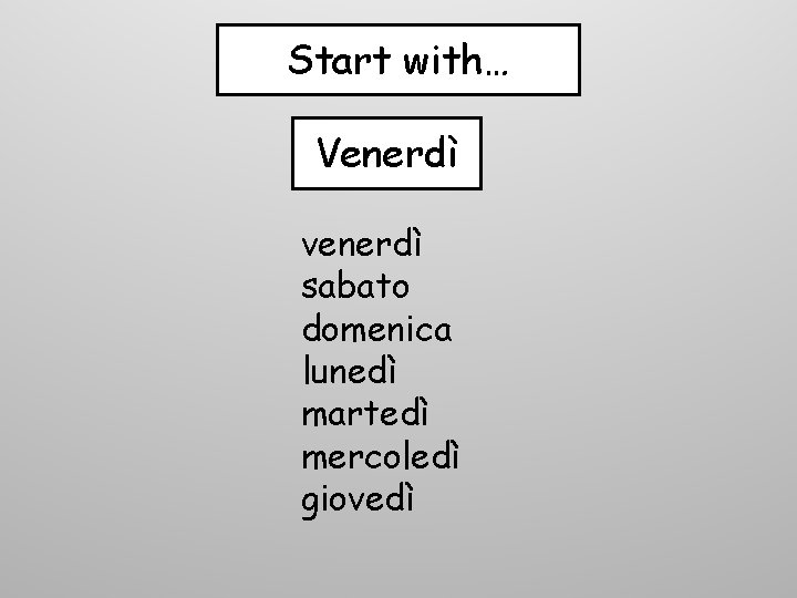 Start with… Venerdì venerdì sabato domenica lunedì martedì mercoledì giovedì 