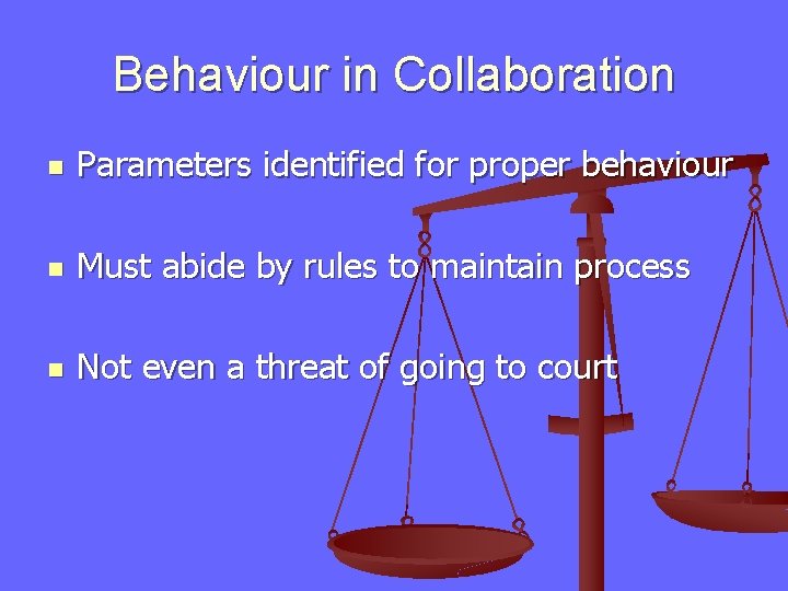 Behaviour in Collaboration n Parameters identified for proper behaviour n Must abide by rules