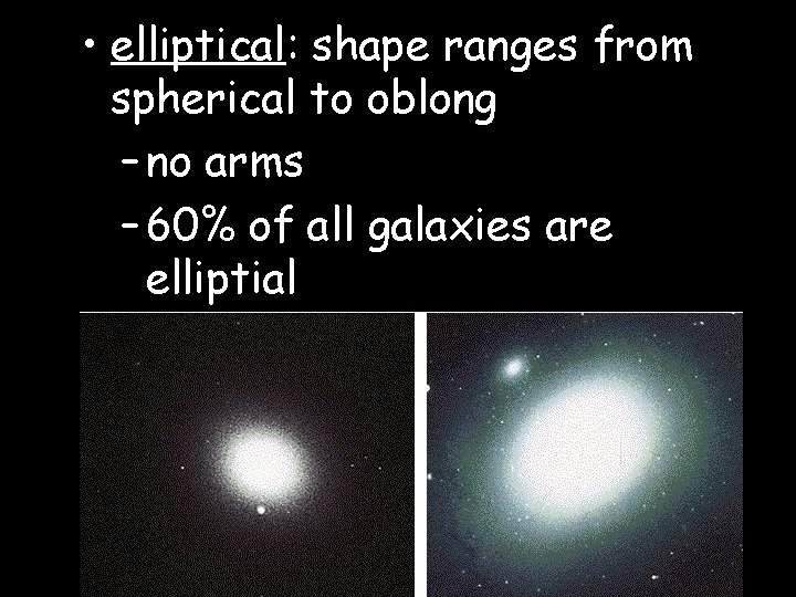  • elliptical: shape ranges from spherical to oblong – no arms – 60%