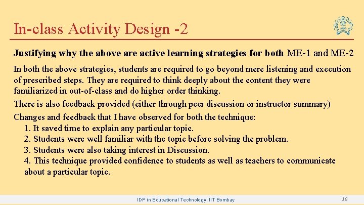 In-class Activity Design -2 Justifying why the above are active learning strategies for both