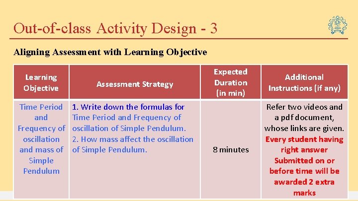 Out-of-class Activity Design - 3 Aligning Assessment with Learning Objective Time Period and Frequency